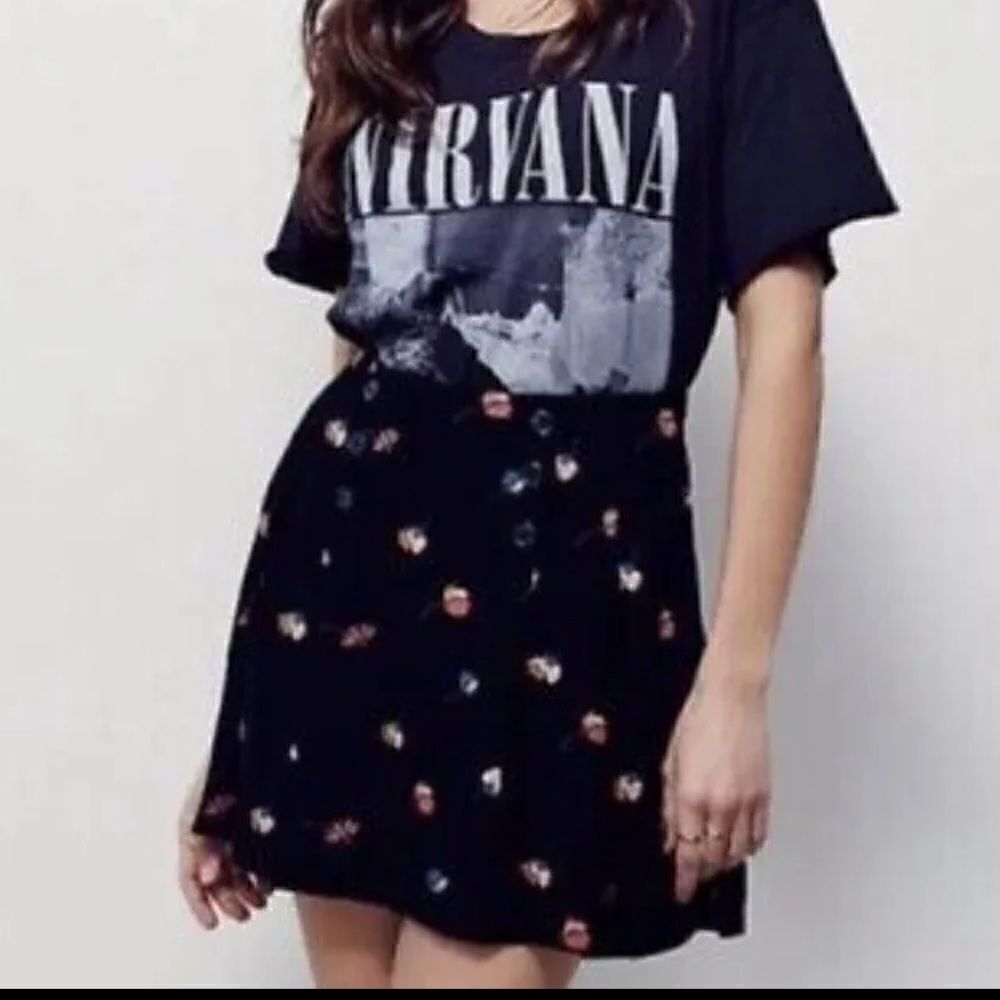 NWT Free People Black Floral Print Pleated Mini Skirt A Line Flare Size 6‎
